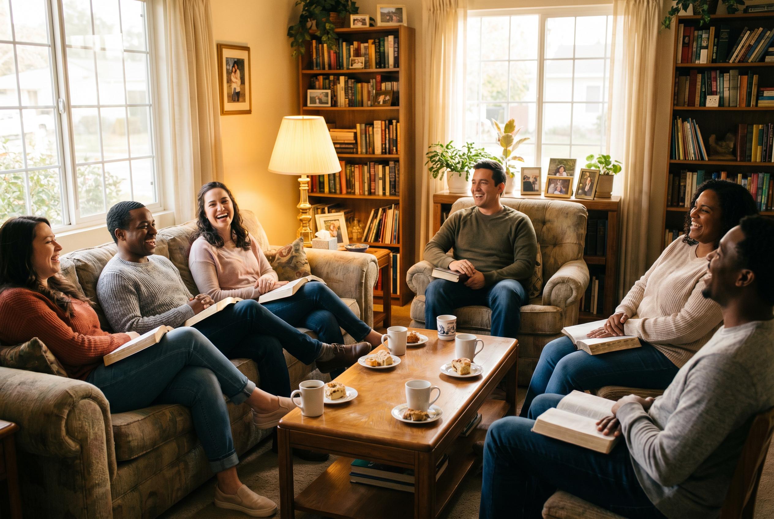 Small group of friends gathered for Bible study and conversation